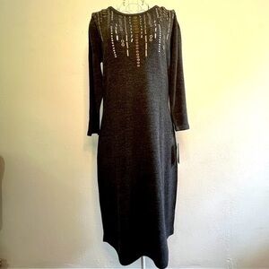 AB Studio long-sleeved gray sweater dress, embellished bodice. Sz M. NWT.